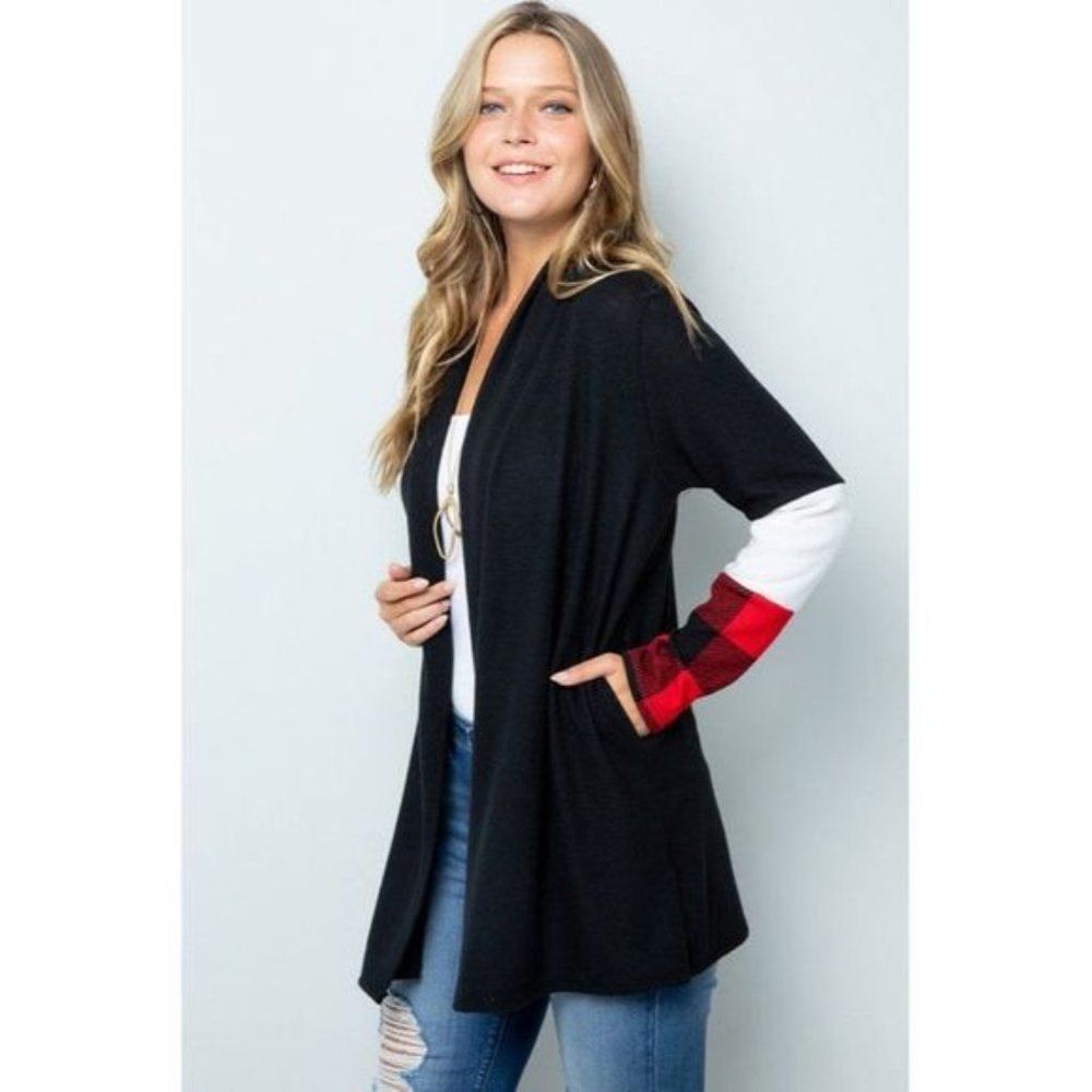 Red Buffalo Plaid Contrast White Sleeve Open Black Cardigan with Pockets